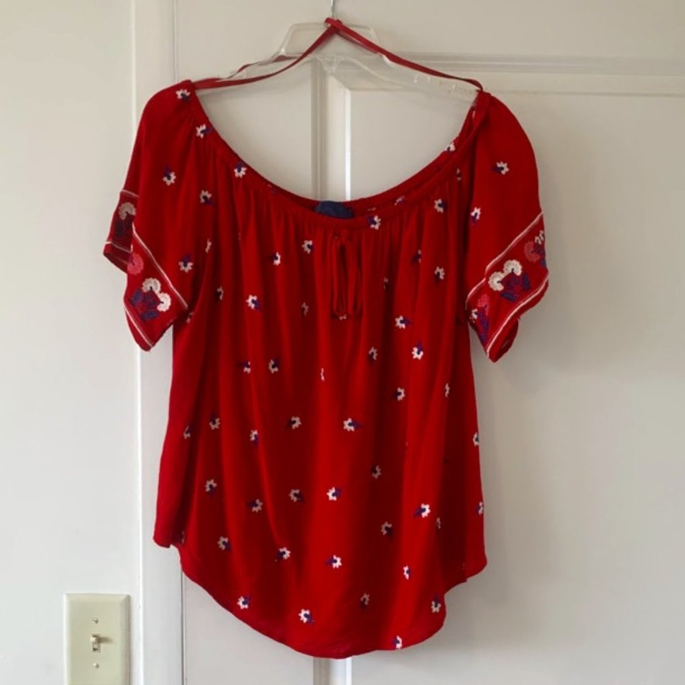 Red off the shoulder top with embroidered flowers size large